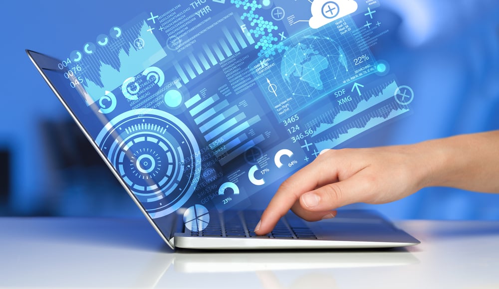 Modern notebook computer with future technology media symbols-1